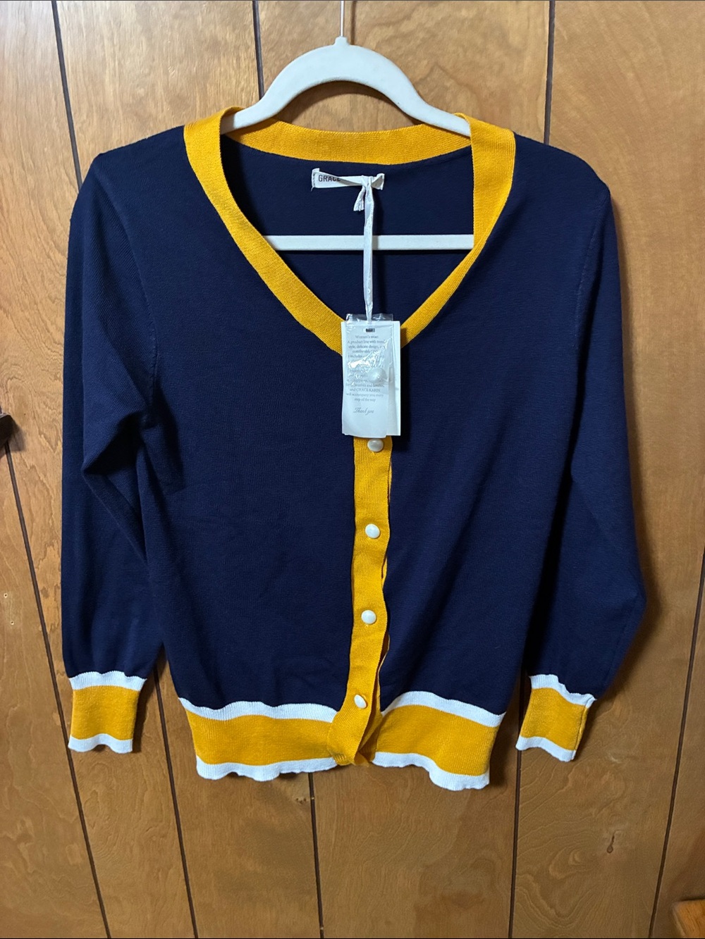 Grace Karin Navy and Mustard Contrast-Trim Button Cardigan